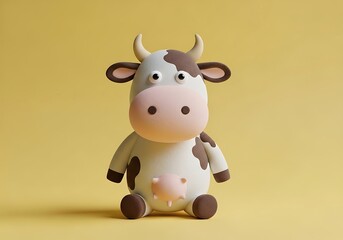 Charming 3D render of a seated toy cow with a claymation style on a solid yellow background.