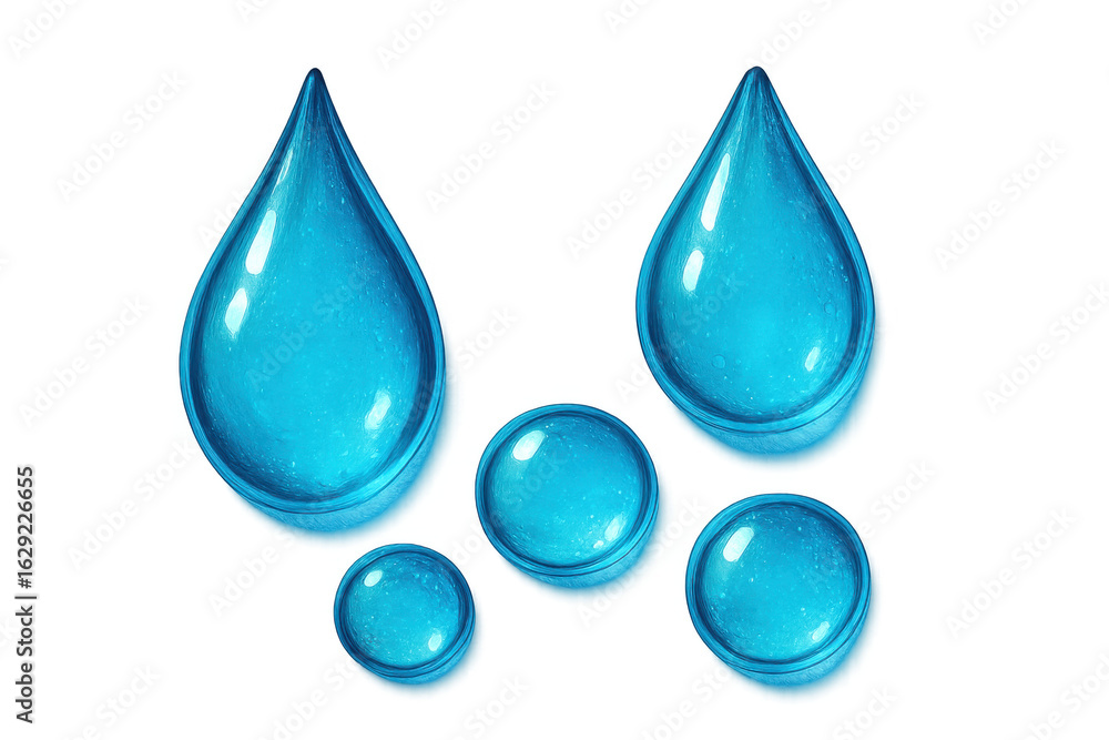 Poster realistic shiny water drops of various sizes falling on a transparent background, creating a refresh