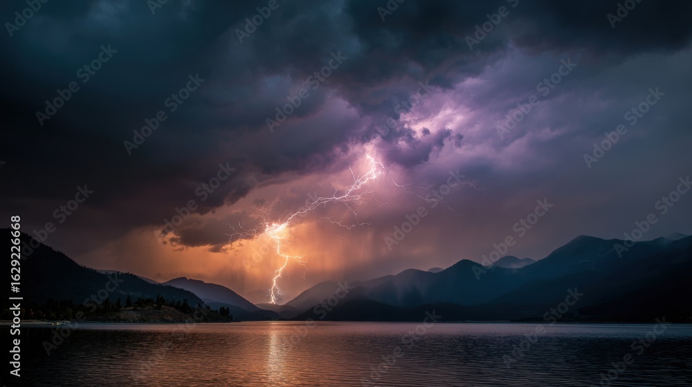 Poster dark clouds churn above a serene lake while lightning illuminates the landscape during twilight, cre