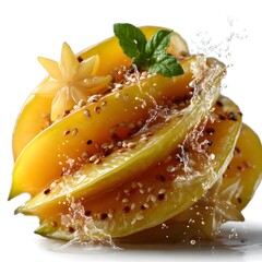 Close up of juicy vibrant yellow mango fruit slices with green leaf and water splash showcasing the sweet exotic flavor and refreshing qualities of this tropical produce