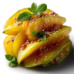 Perfectly ripe and juicy mango slices arranged in an elegant appetizing display garnished with vibrant green mint leaves for a refreshing tropical touch