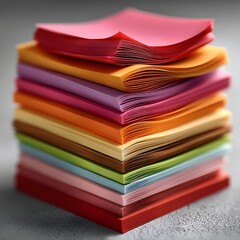 A stack of vibrant multicolored paper sheets arranged in a geometric origami inspired design creating a visually appealing and textured composition
