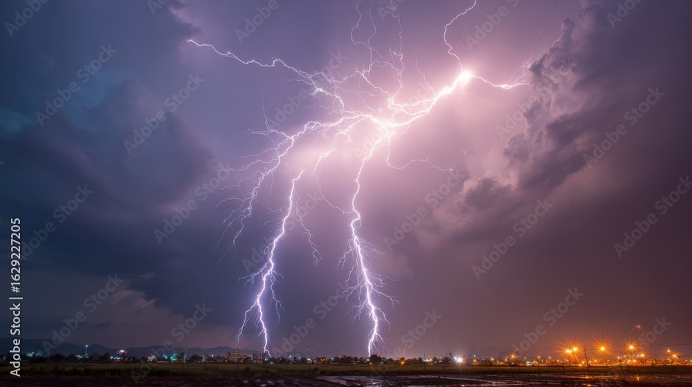 Poster thunder rumbles as multiple bolts of lightning illuminate the dark clouds above a bustling cityscape