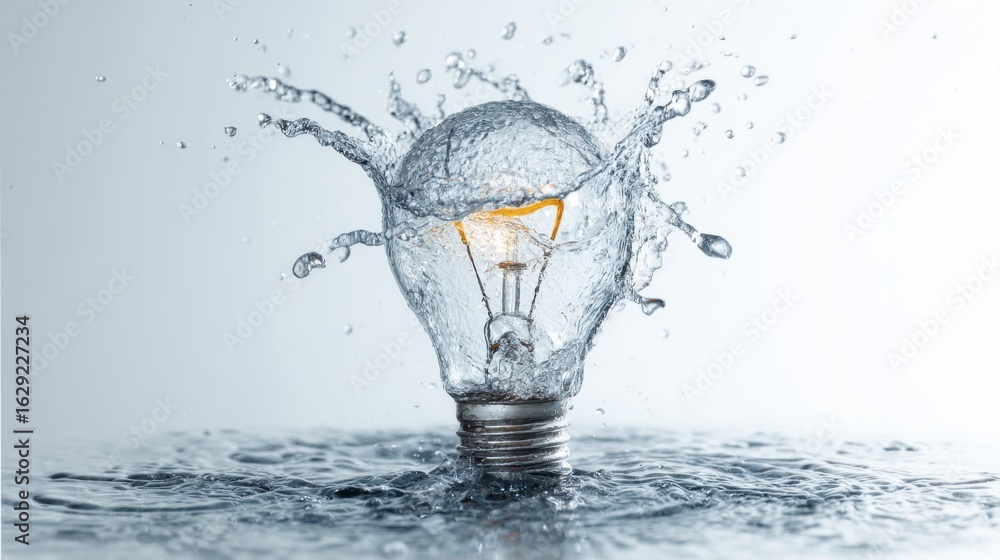 Poster a light bulb is submerged in water, creating a splash as it hits the surface. the water droplets sur
