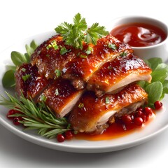 Juicy and tender pork ribs coated in a sweet and savory barbecue glaze garnished with fresh parsley for a delectable and visually appealing dish