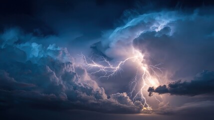 Bright flashes of lightning dance across the sky, showcasing a dramatic display against dark storm clouds during a nighttime thunderstorm. The atmosphere is charged with energy.