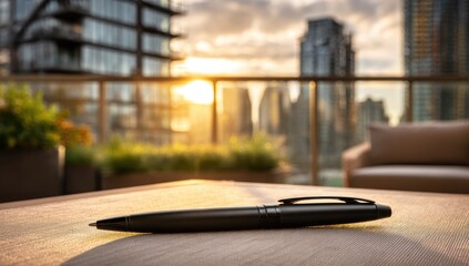 Black pen on a table, city sunset backdrop