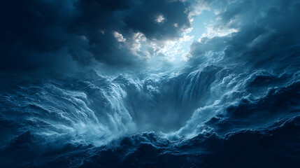 Underwater waterfall plunging into the abyss, a surreal force of nature in the deep blue ocean