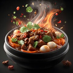 A richly flavored and aromatic stew featuring a blend of tender meat fresh vegetables and a tantalizing blend of spices creating a comforting and satisfying dish