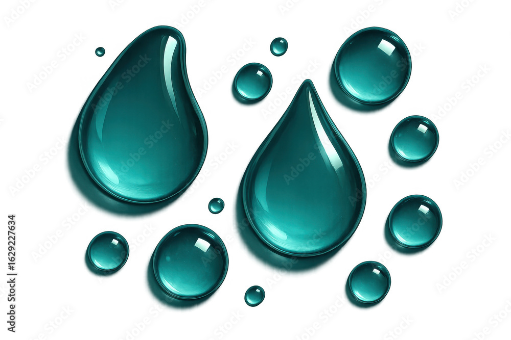 Poster pure turquoise water drops of various sizes creating a refreshing and clean visual on a transparent 