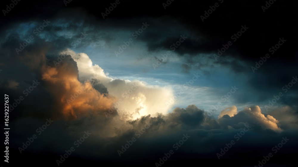 Aufkleber wispy clouds in shades of gray and orange stretch across the sky as the sun sets. the interplay of l