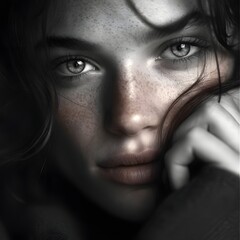Dramatic close up portrait of a young woman with a pensive introspective expression and soulful captivating gaze set against a dark moody atmosphere