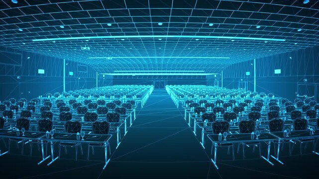 Digital 3D conference hall with symmetrical seating and grid ceiling moving forward, rendered to visualize remote presentation spaces