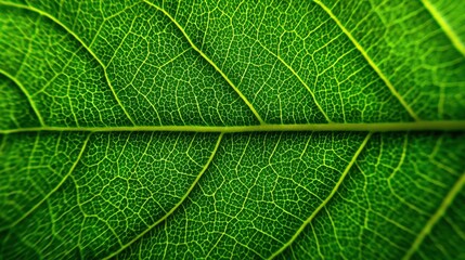 Obraz premium Detailed examination of a vibrant green leaf reveals its complex vein structure and texture. Natural sunlight enhances its rich color, highlighting the beauty of nature in a garden.