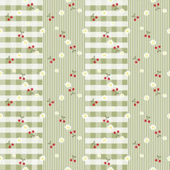 Vector pattern of fabric, wallpaper, wrapping paper, mats and bed sheets. Continuous and repeating pattern designed with alternating red daisies and cherries on a plaid, striped background.Cute style.