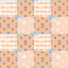 Vector pattern of fabric, wallpaper, gift wrap, mats and bed sheets. Continuous and repeatable pattern designed with daisies and tulips on a plaid, striped background with bows. Cute style.