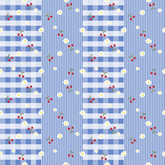 Vector pattern of fabric, wallpaper, wrapping paper, mats and bed sheets. Continuous and repeating pattern designed with alternating red daisies and cherries on a plaid, striped background.Cute style.