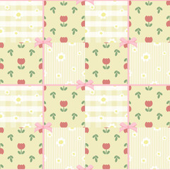 Vector pattern of fabric, wallpaper, gift wrap, mats and bed sheets. Continuous and repeatable pattern designed with daisies and tulips on a plaid, striped background with bows. Cute style.