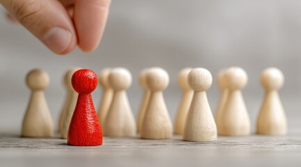 Hand Selecting a Distinctive Red Pawn from a Blurred Group of Wooden Pawns