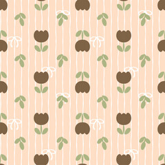 Vector pattern of fabric, wallpaper, gift wrap, mats and bed sheets. Continuous and repeatable pattern. Designed with tulips on striped background with bow. Cute style.