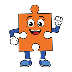 A friendly jigsaw puzzle piece mascot with a big smile, bright colors, and playful eyes, symbolizing fun, teamwork, and problem-solving for all ages.
