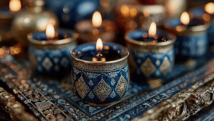 Small blue candles, ornate, gold accents