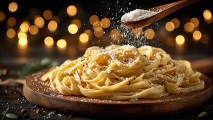 Pasta tossed in garlic, herbs, and cheese.  Sprinkled with salt