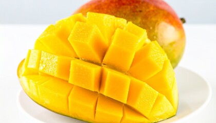 A Sliced Grid pattern Mango with Whole Mango on White Plate Showcasing Vibrant Color and Culinary Appeal