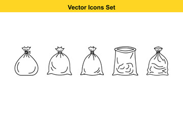 Simple Line Art vector Icons: Five Empty and Full Trash Bags, Waste Disposal, Recycling Concept