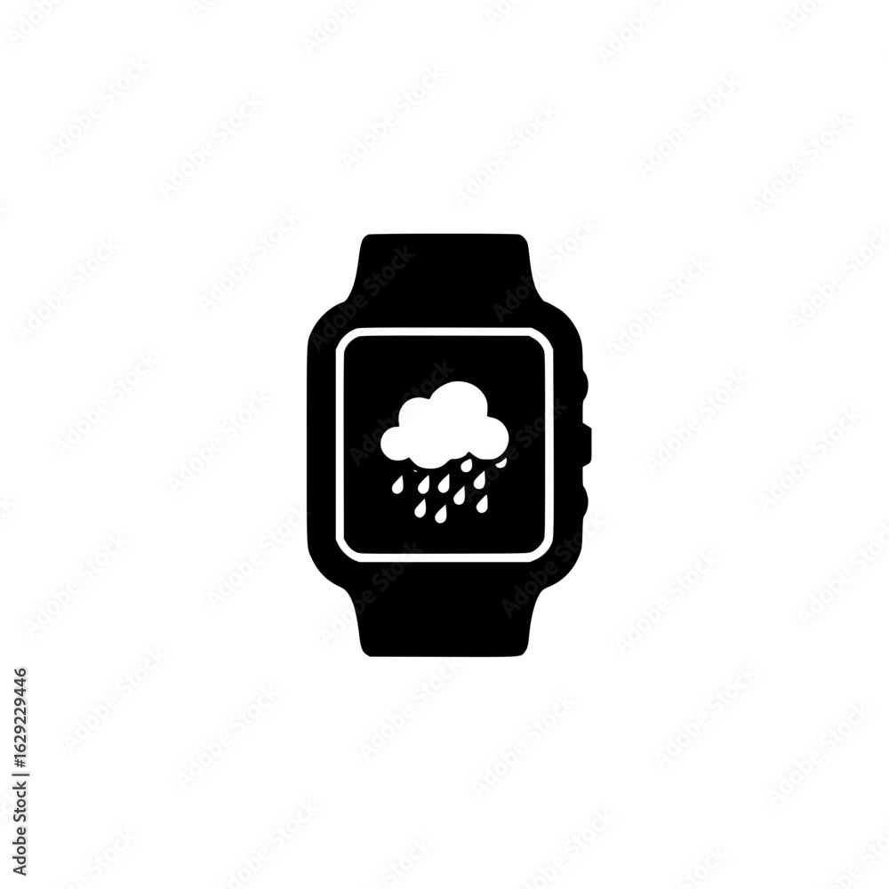 Poster smartwatch featuring rain cloud display for real time weather conditions and forecast app