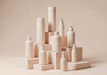 Minimalist composition of unbranded cosmetic product packaging on a podium. Beauty and skincare mockup collection.