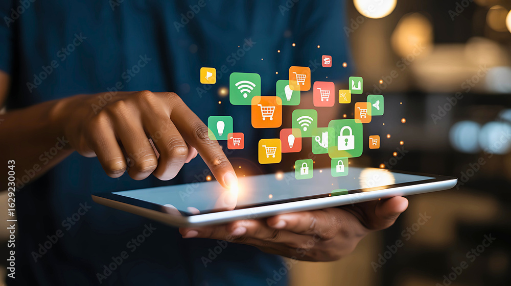 Aufkleber person interacting with a digital tablet, accessing online services like e-commerce and secure netwo
