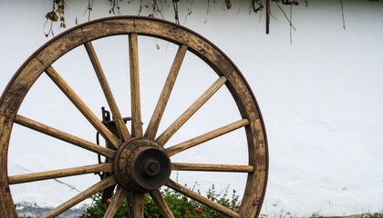 A Close Up of Rustic Wooden Wagon Wheel Highlighting Craftsmanship and Historical Design