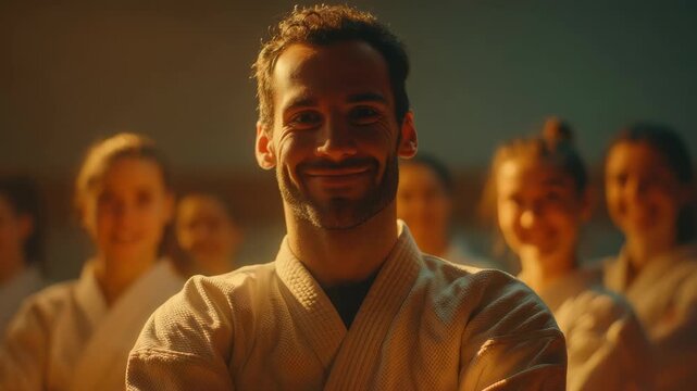 Confident martial arts instructor with diverse class in background studio setting