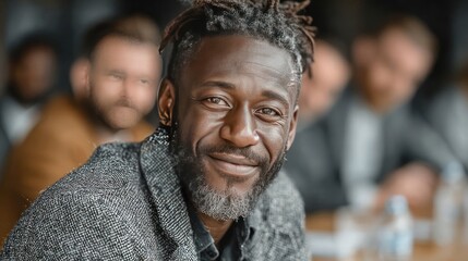 Close-up of businessman standing over a boardroom table in front of South African coworkers during a diverse meeting