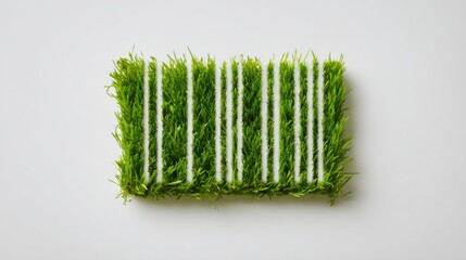 A vibrant green grass mat features white lines neatly arranged in a grid pattern. This dynamic design creates an eye-catching contrast against the plain white background.
