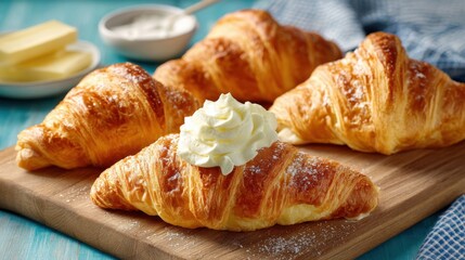 Flaky, golden croissants with a dollop of whipped cream are presented on a rustic wooden board, creating an inviting breakfast experience in a bright kitchen.