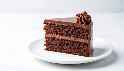 Chocolate Cake Slice with Frosting Layers and Decorative Swirl on White Plate