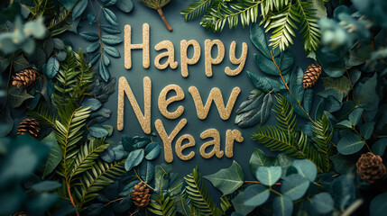 Wooden Happy New Year text with green foliage. Eco-friendly holiday greeting card design with pinecones and natural leaves.