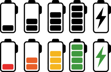 Collection of battery icons showing different charge levels and power symbol