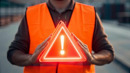 Warning sign safety vest caution reflective alert emergency hazard worker wearing safety vest holds glowing warning safety