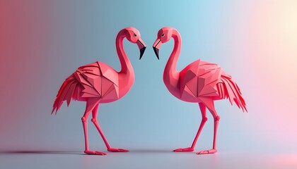 Fototapeta premium Two pink origami flamingos forming a heart shape