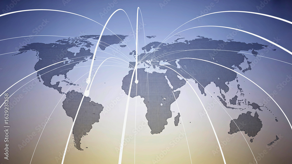 Poster futuristic world map with glowing network lines representing global business, communication, and int