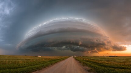 Ominous cloud formations stretch across the sky, casting shadows on a dirt road. The sunset reveals hues of orange and blue, creating a striking contrast in the expansive rural setting.
