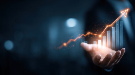 Rising Graph of Success: A symbol of financial prosperity, a bar graph ascending upward, emanating from a hand, signifies the upward trend of market values and the attainment of financial goals.