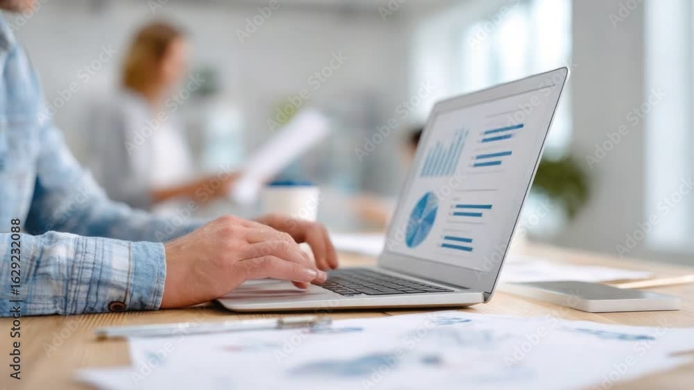 Poster working on financial analytics: a close-up shot of a person diligently working on a laptop with fina