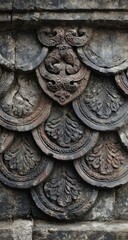 Ornate, weathered tilework, overlapping scales,  detailed carvings