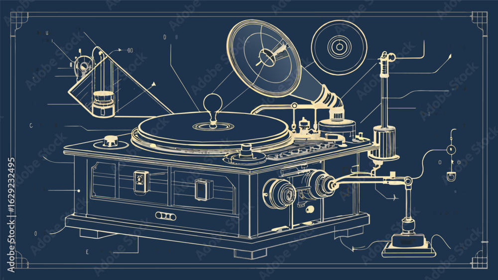 Poster a detailed sketch of a record player patent from the 1910s featuring annotations and notes from the 