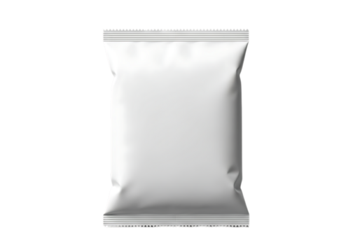 Blank Vector illustration of white snack food packaging bag with crimped edges graphic design isolated on a transparent background