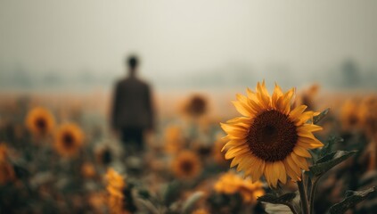 Lone Sunflower in Focus with a Blurred Figure in a Hazy, Muted Field